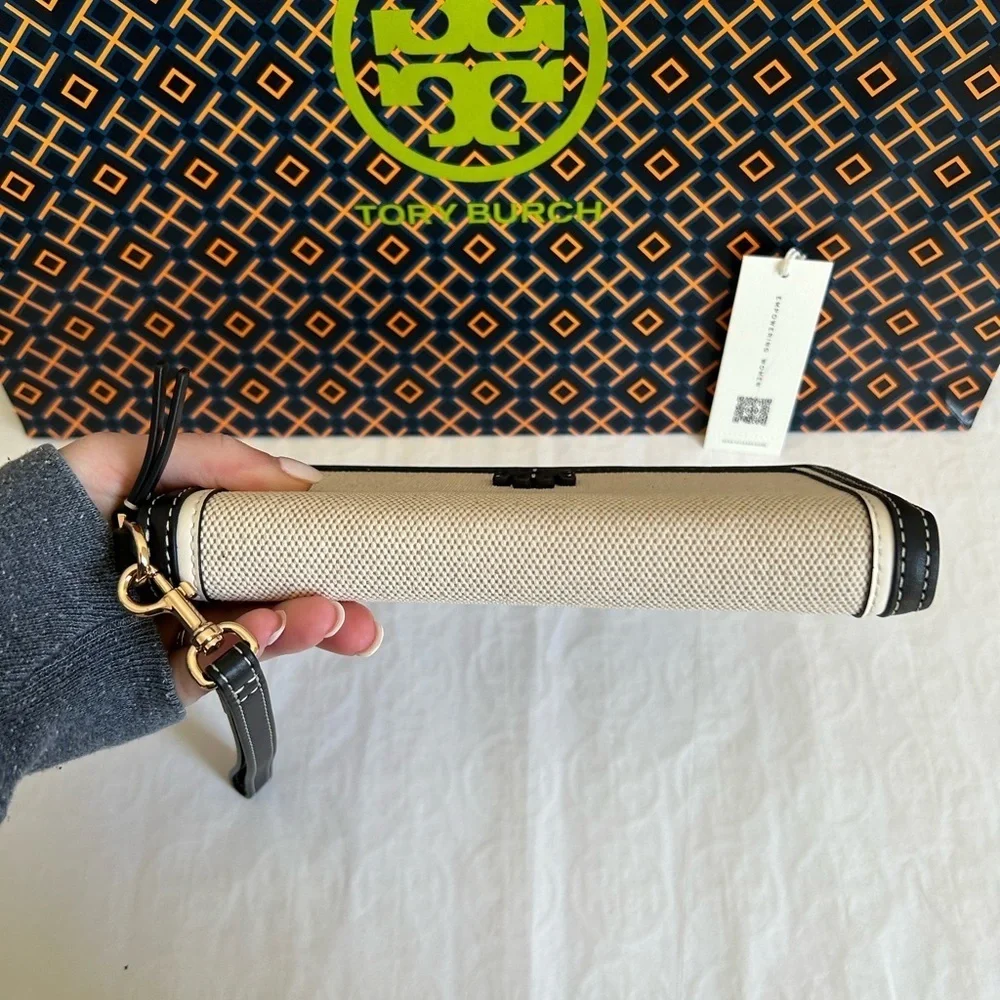 Tory Burch Emerson Canvas Zip Continental Wallet Multi Leather Black Tan Gold